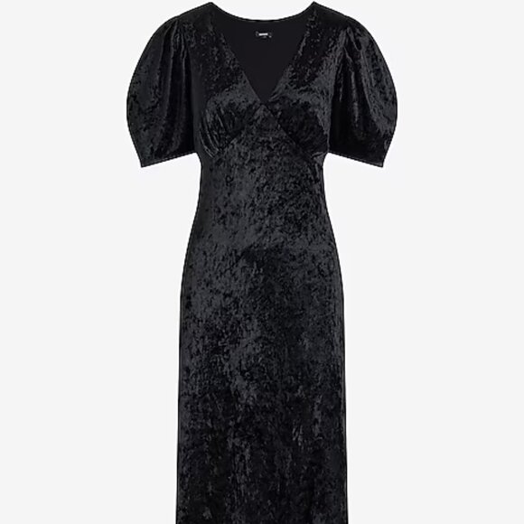 Crushed Velvet V-Neck Puff Sleeve Midi Dress NWT - Picture 3 of 6